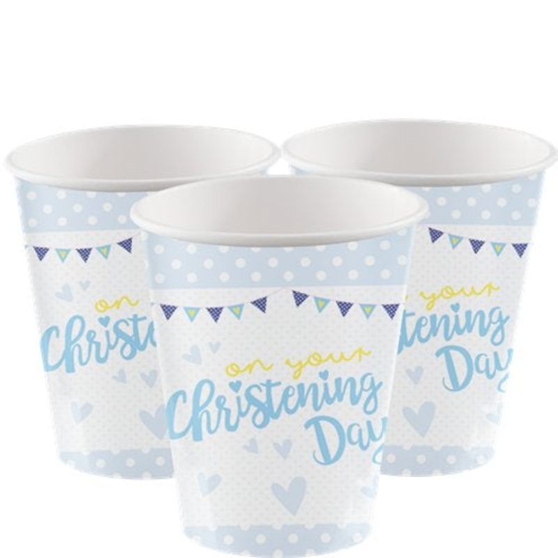 Christening Day Blue Cups - 266ml Paper Party Cups