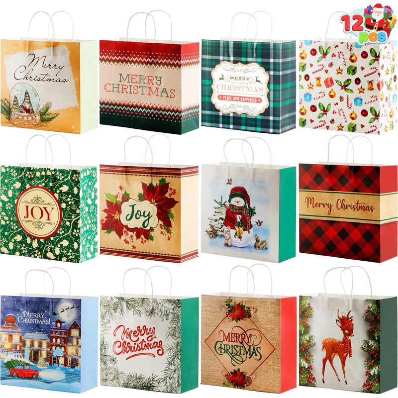 12 PCS Christmas Kraft Paper Gift Bags 12'' X 12'' X 5''