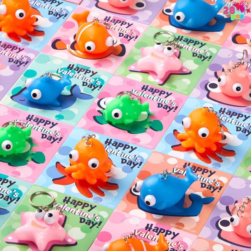 28 Packs Valentines Day Gift Cards with Sea Animal Unzip Popping Eyes Keychains