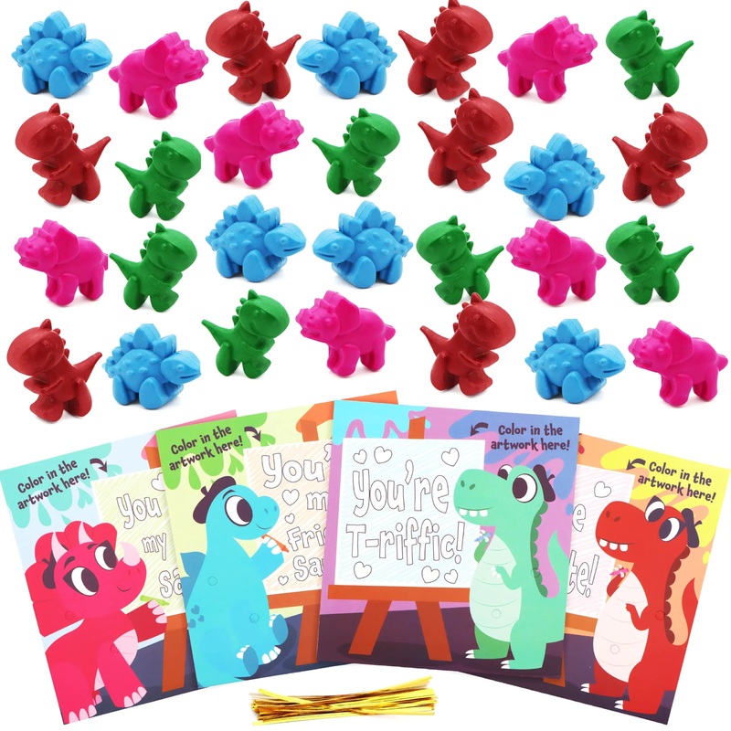 28Pcs Dinosaur Crayon with Valentines Day Cards for Kids-Classroom Exchange Gifts