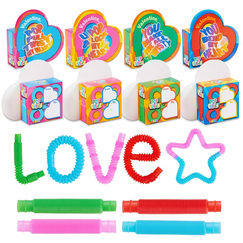 28pcs Valentines Tube Toys with Heart Boxes for Valentines Party Favors