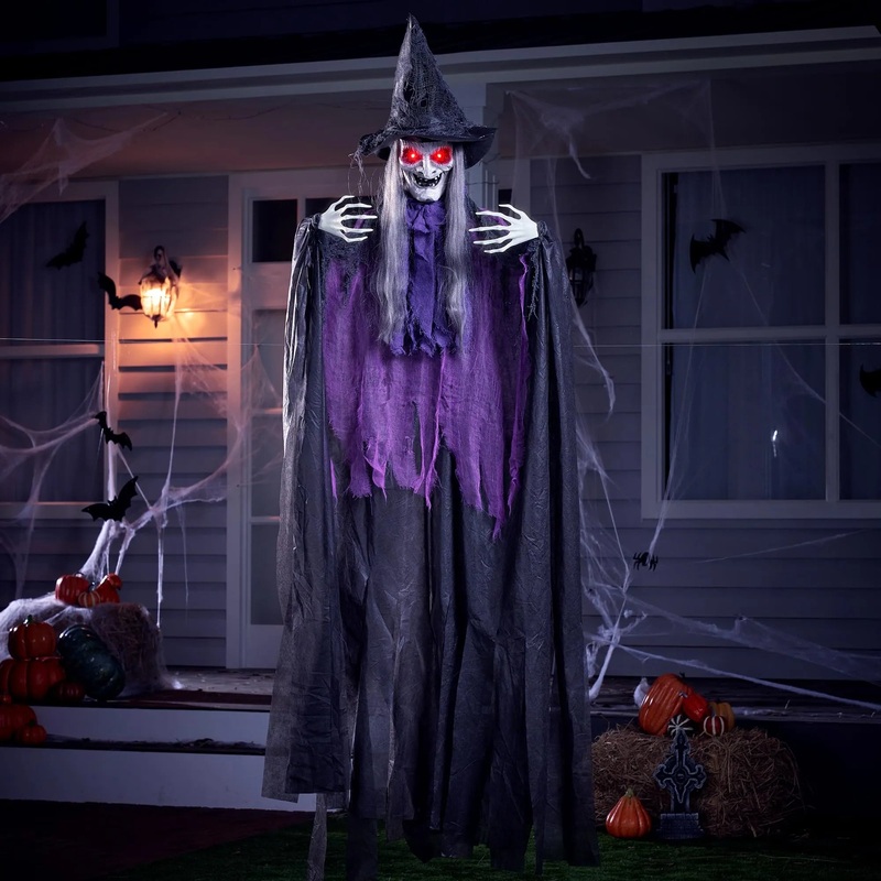 72in Halloween Animated Hanging Talking Purple Witch with Light-up Eyes, Creepy Sound