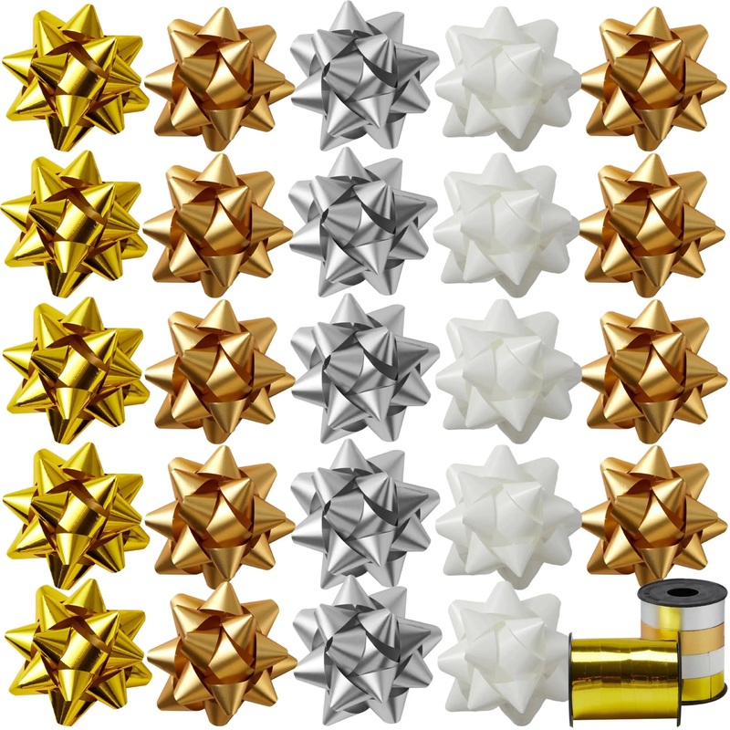 75Pcs 3in Christmas Self Adhesive Gift Bows and 8 Rolls of Christmas Curling Ribbons