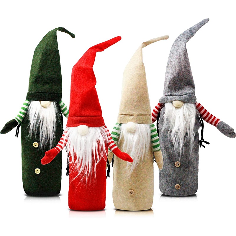 Festive Christmas Holiday Wine Covers Gnome, 4 Packs