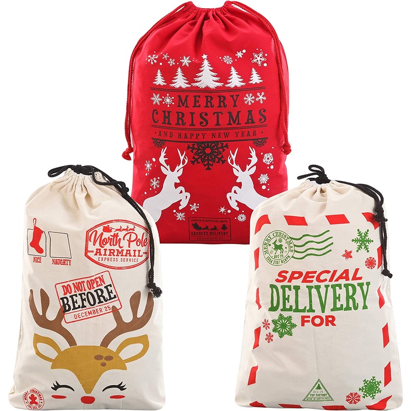 Large Santa Drawstring Sacks, 3 Pieces