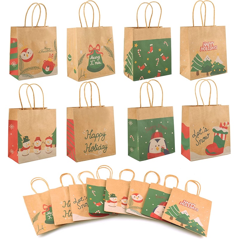 Small Kraft Paper Christmas Themed Bags with 10 Designs, 32 Pcs