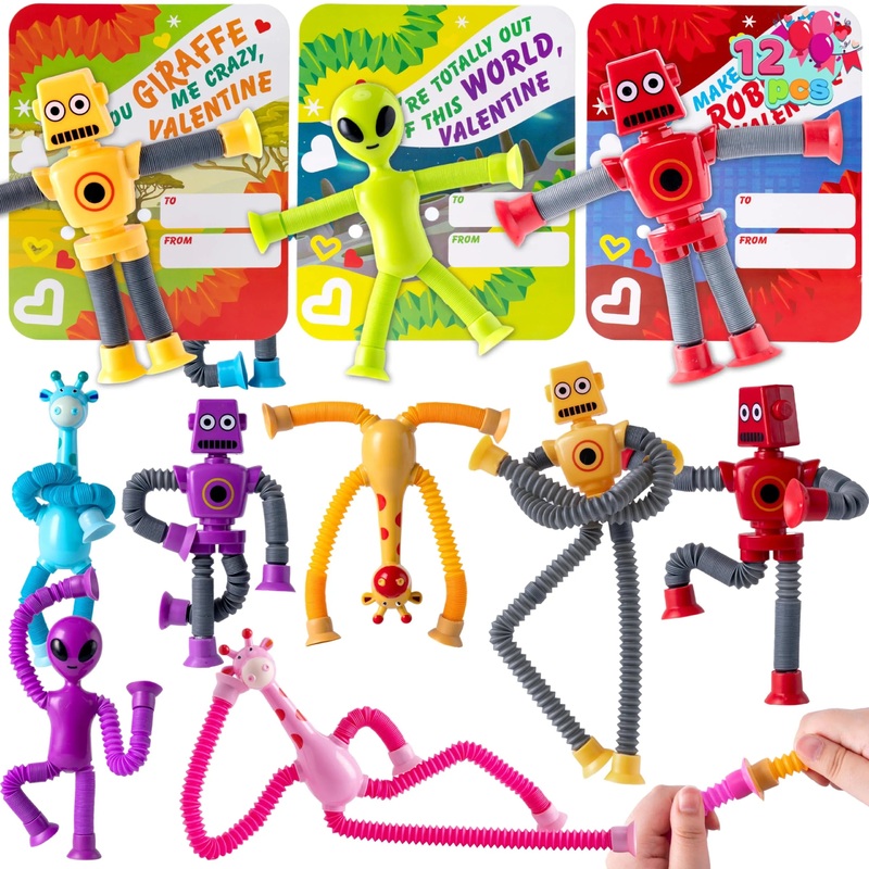 12 Packs Valentines Day Telescopic Suction Pop Tube with Cards, Kids Toys Party Favors