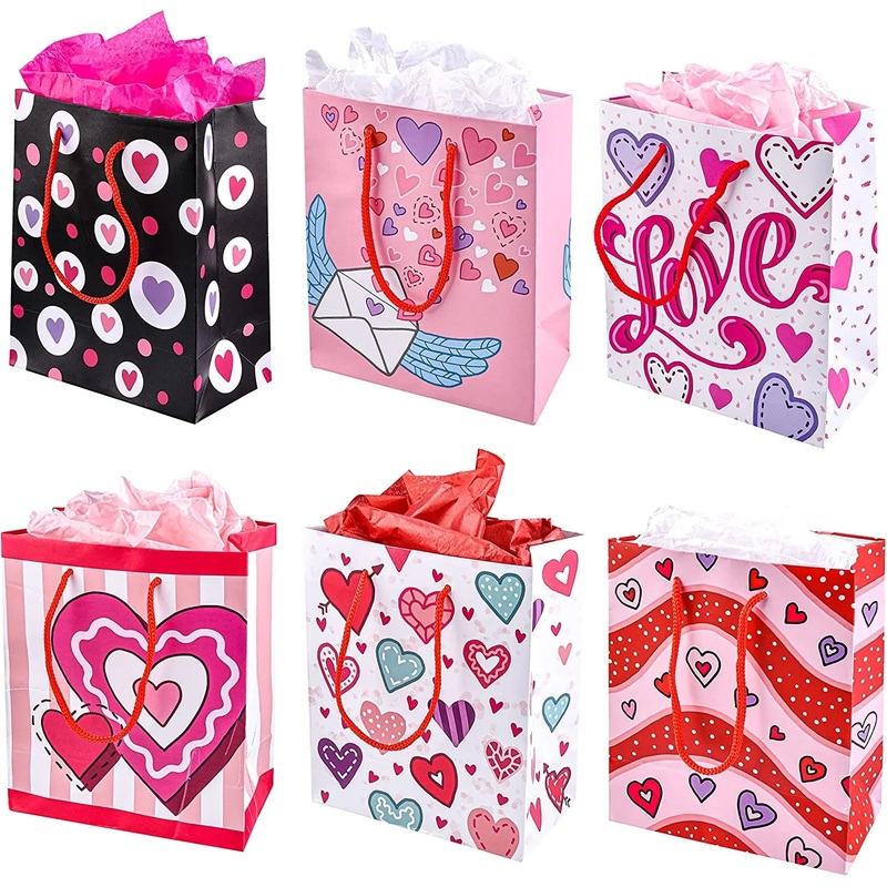 12Pcs Paper Gift Bags with Filing Paper for Valentines Day