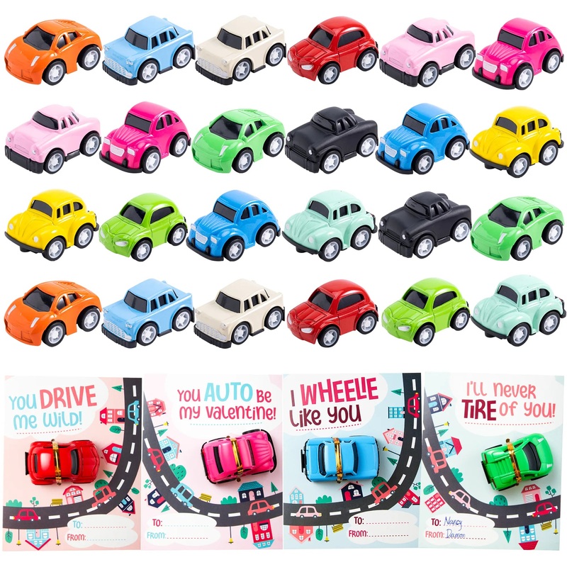 24Pcs Kids Valentines Cards with Pull Back Car Vehicle Toys-Classroom Exchange Gifts