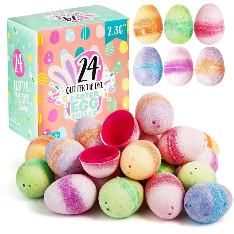 24Pcs Plastic Colorful Glitter Tie Dye Easter Egg Shells 2.36in
