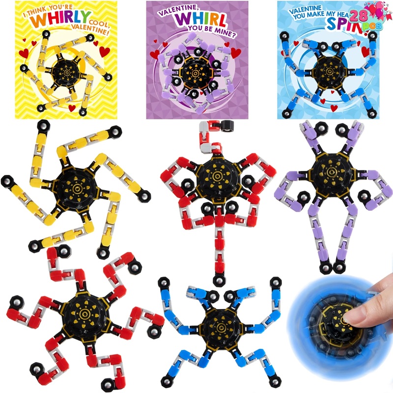 28 Packs Valentines Day 3-Design Gift Cards with Fidget Spinners for Kids School Exchange