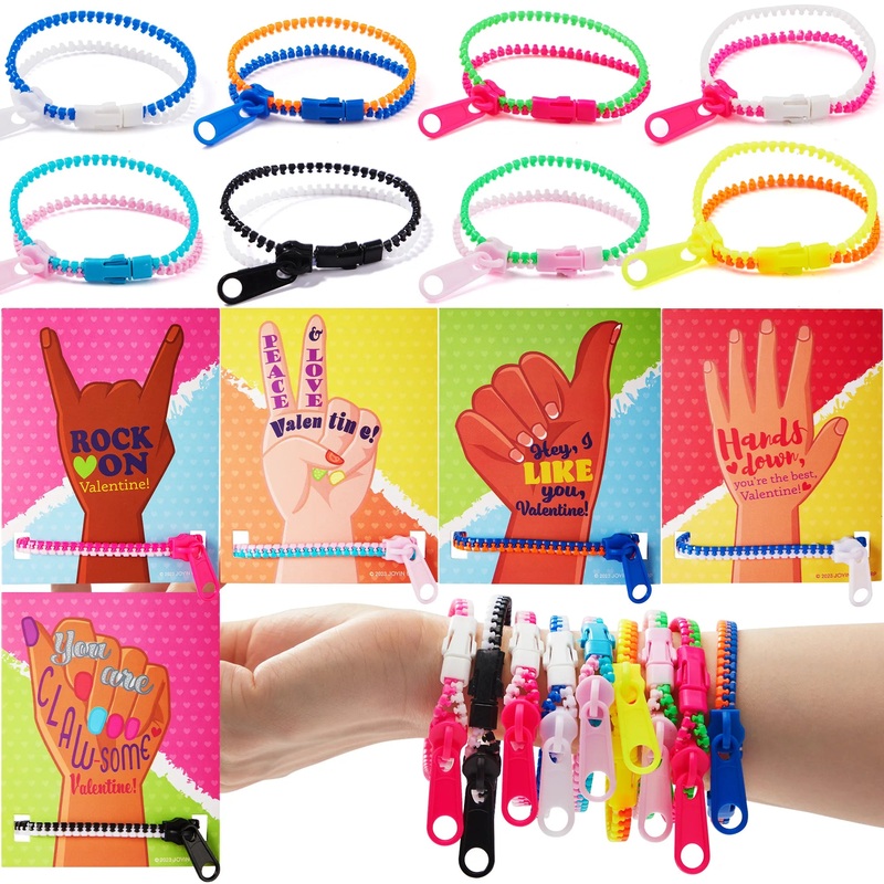 30Pcs Kid Valentines Cards with Zipper Bracelets-Classroom Exchange Gifts