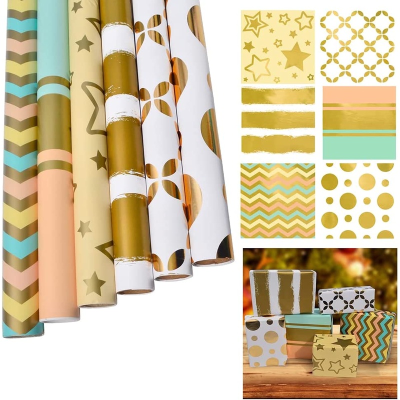 6 Rolls Gold Print Wrapping Paper