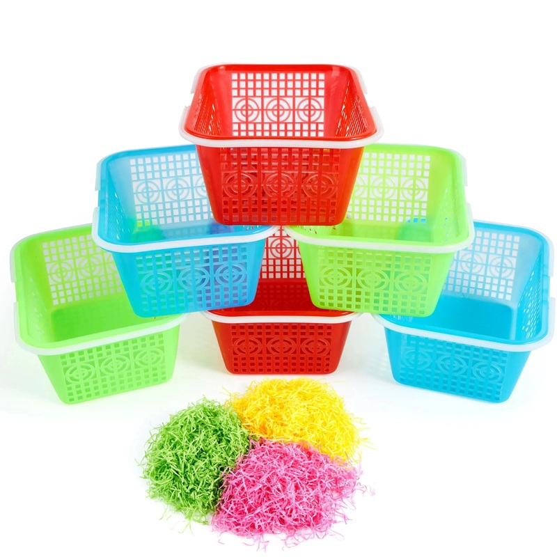 6Pcs Easter Plastic Baskets with Tricolor Easter Fake Grass Paper Shred