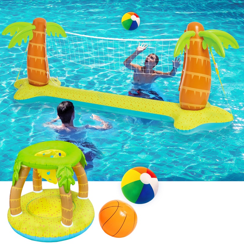 SLOOSH - Palm Tree Design Pool Volleyball Net & Basketball Hoop with 2 Balls