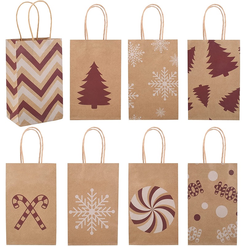 Small Christmas White & Red Themed Bag with Drawstring 8 Designs, 32 Pcs