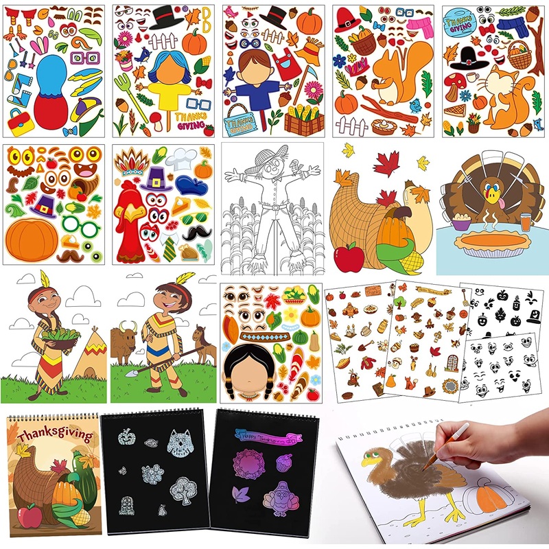 Thanksgiving Make-a-face Color book Sticker sheets Set