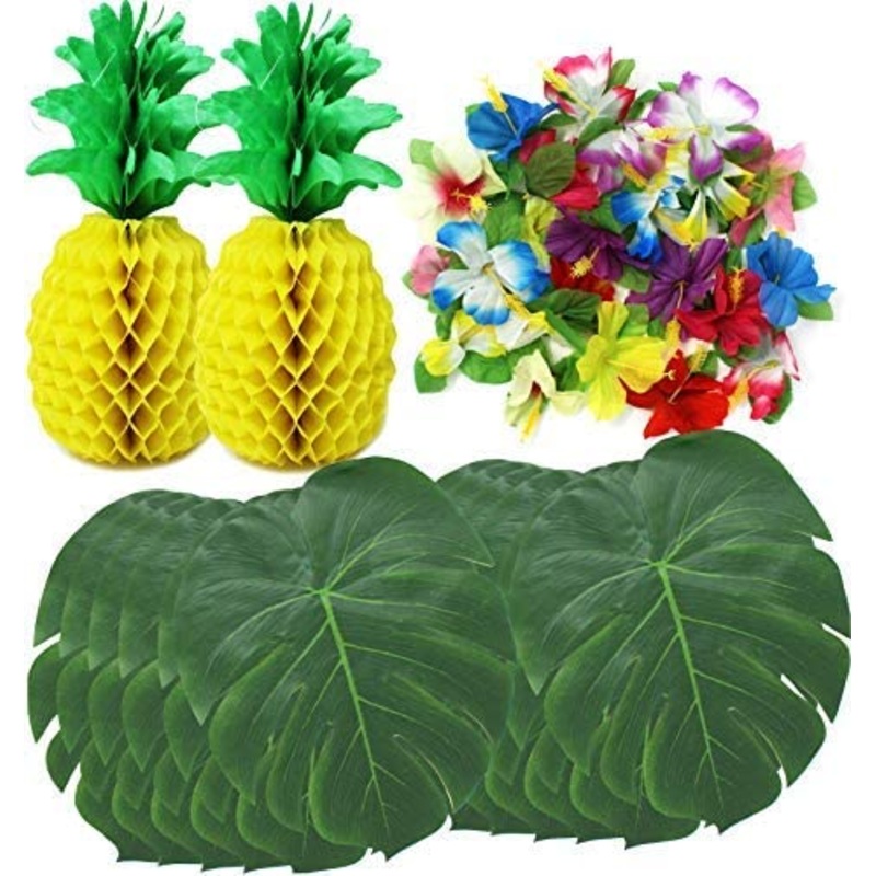 Tropical Table Decor with Palm Leave, Tissue Pineapple and Hibiscus Flowers, 50 pcs