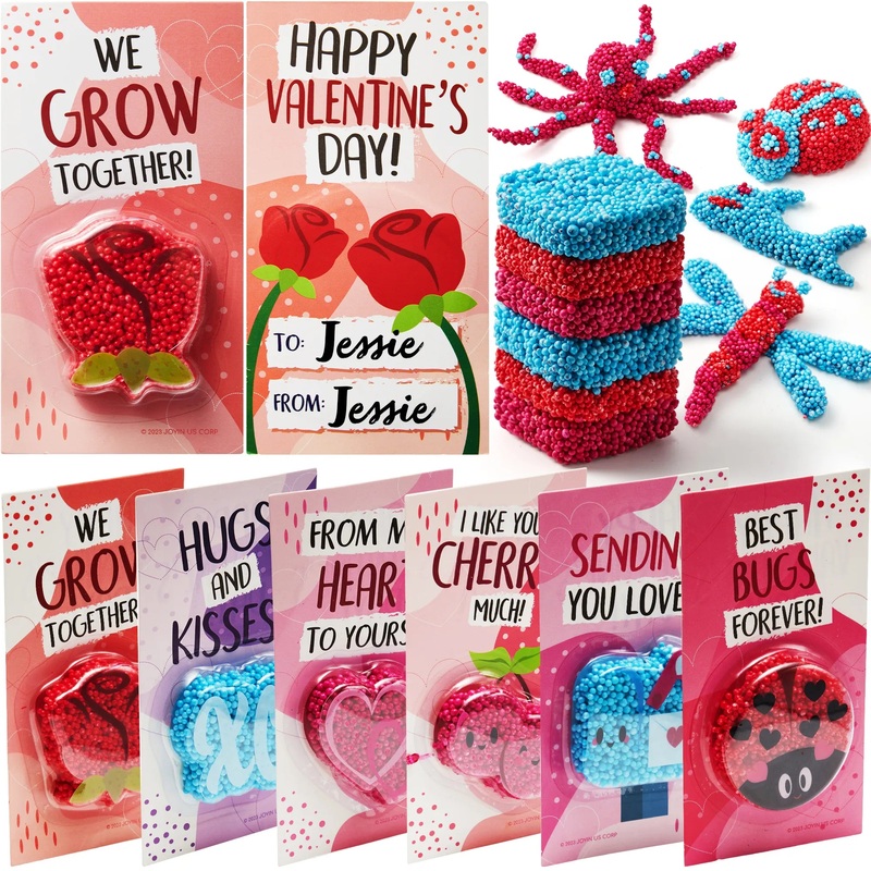 12Pcs Valentines Day Play Modeling Squashy Bead Foam with Valentines Day Cards for Kids-Classroom Exchange Gifts