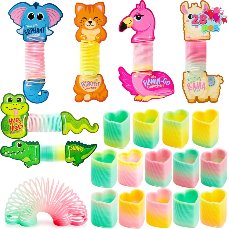 28 Packs Valentines Day Critter Kind Gift Cards with Colored Springs for Kids Classroom Exchange