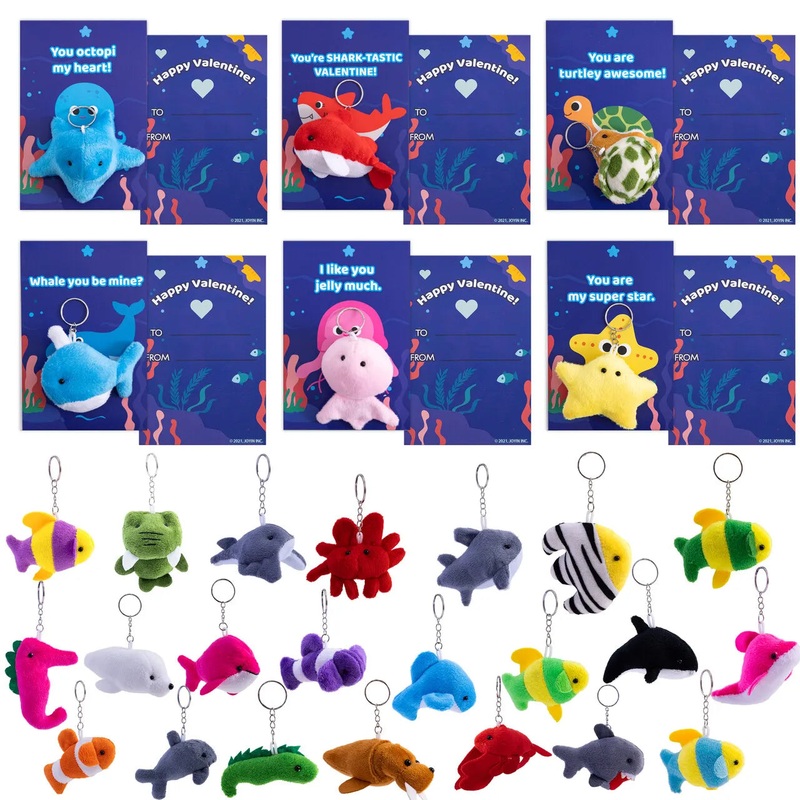 28Pcs Mini Keychain Plush Animal Toys with Kids Valentines Cards