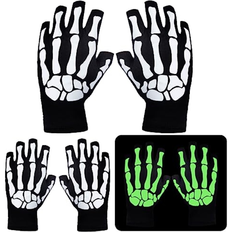 Glow in the Dark Short Skull Gloves,3 Pairs