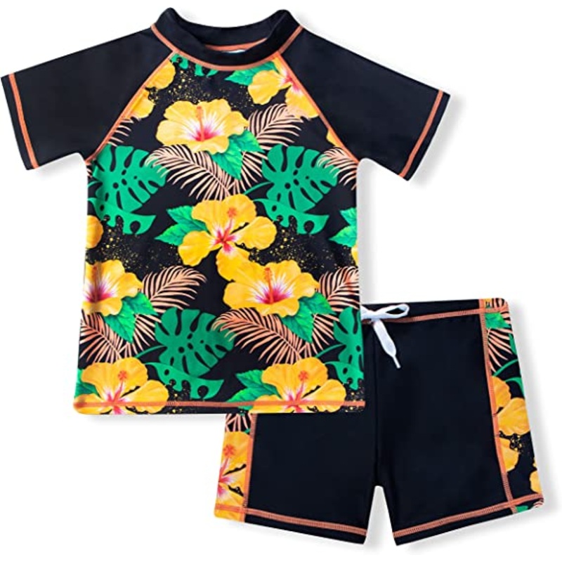 SLOOSH - Girl's Rash Guard (Black, Yellow Flower Pattern)