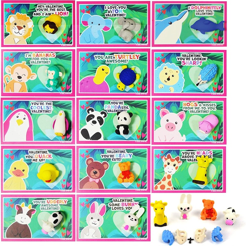 28Pcs Kids Valentines Cards with Animal Erasers-Classroom Exchange Gifts