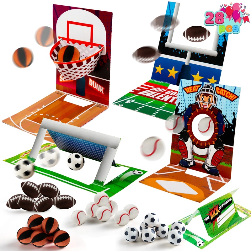 28Pcs Sports Game Erasers with Kids Valentines Cards for Classroom Exchange