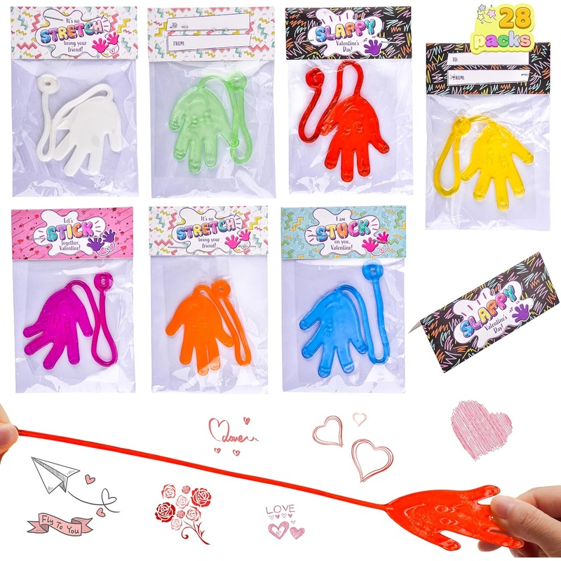 28Pcs Sticky Hands with Valentines Day Cards for Kids-Classroom Exchange Gifts
