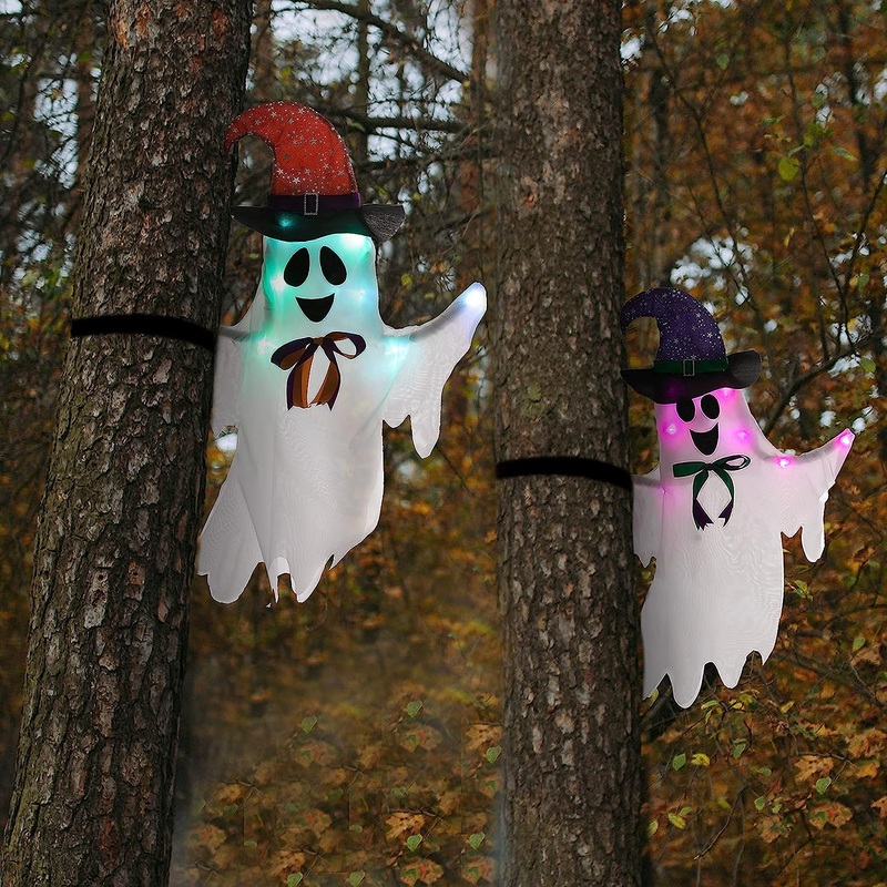 33in  Light-Up Ghost Tree Wrapper with Witch Hat, 2 Pack