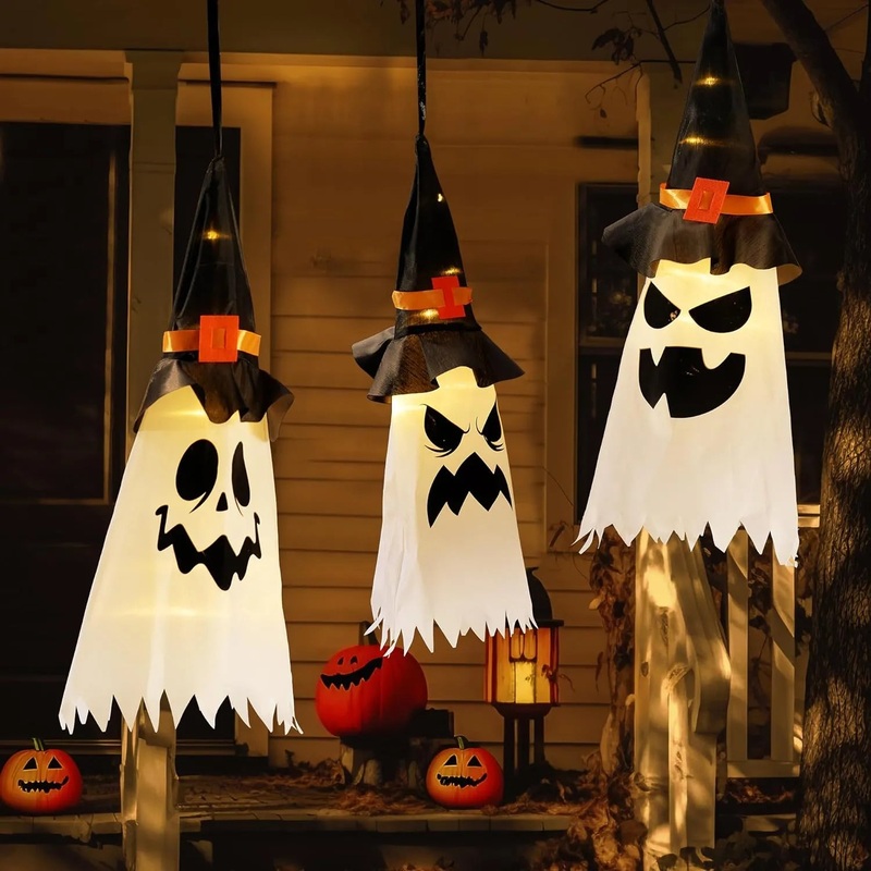 3Pcs 19.6in Halloween Light-up Hanging Ghost Witch Hat Lights