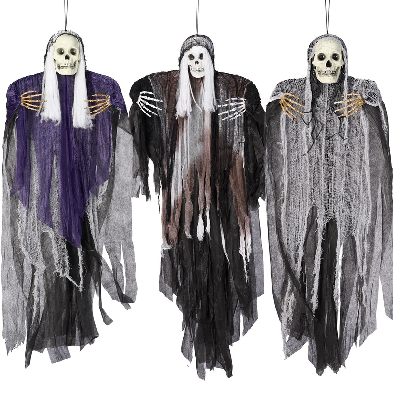 3Pcs Halloween Hanging Grim Reapers, Purple and Grary 47in, Gray Gradient 63in