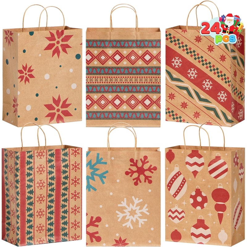 24 PCS Christmas Kraft Gift Bags Xmas Holiday Paper Goody Wrap Shopping Bags with Handles for Holiday Presents