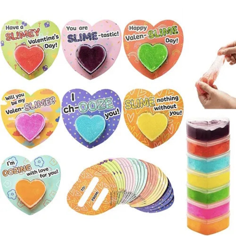 28Pcs Heart Shaped Glitter Slime with Valentines Day Cards for Kids-Classroom Exchange Gifts