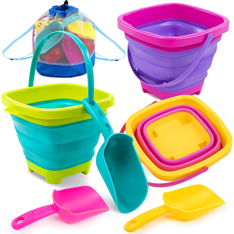 3 Packs Collapsible Beach Bucket with Shovels (Pink)