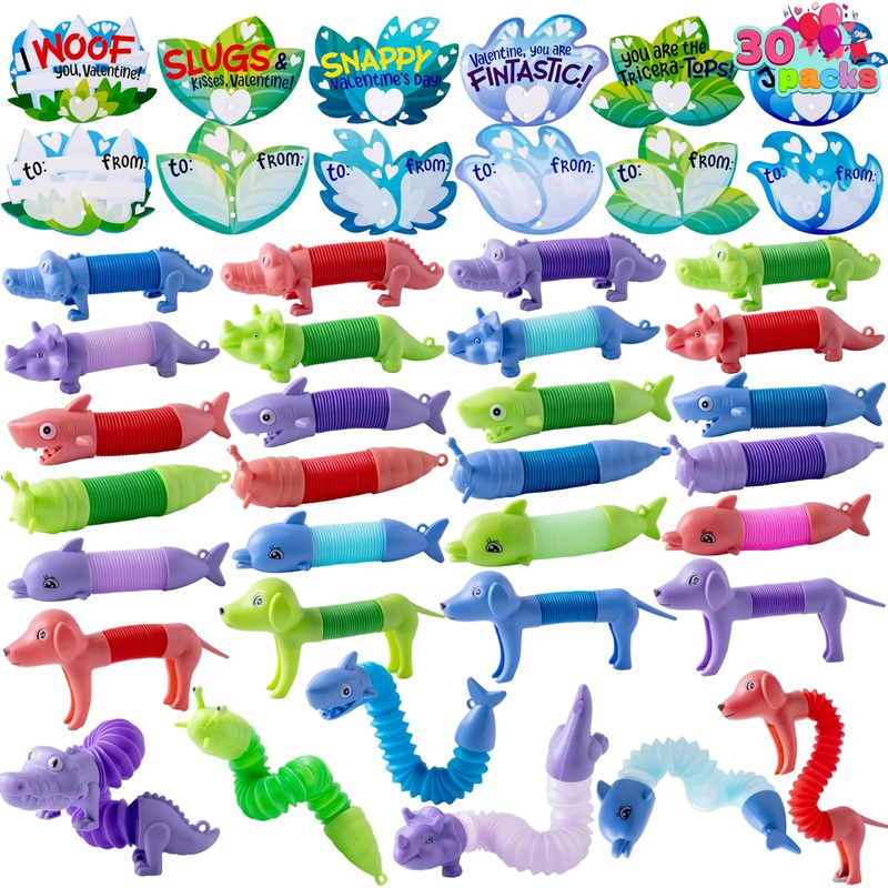 30 Packs Valentines Day Gift Cards with Critter Pop Tubes for Kids Classroom Gift Exchange