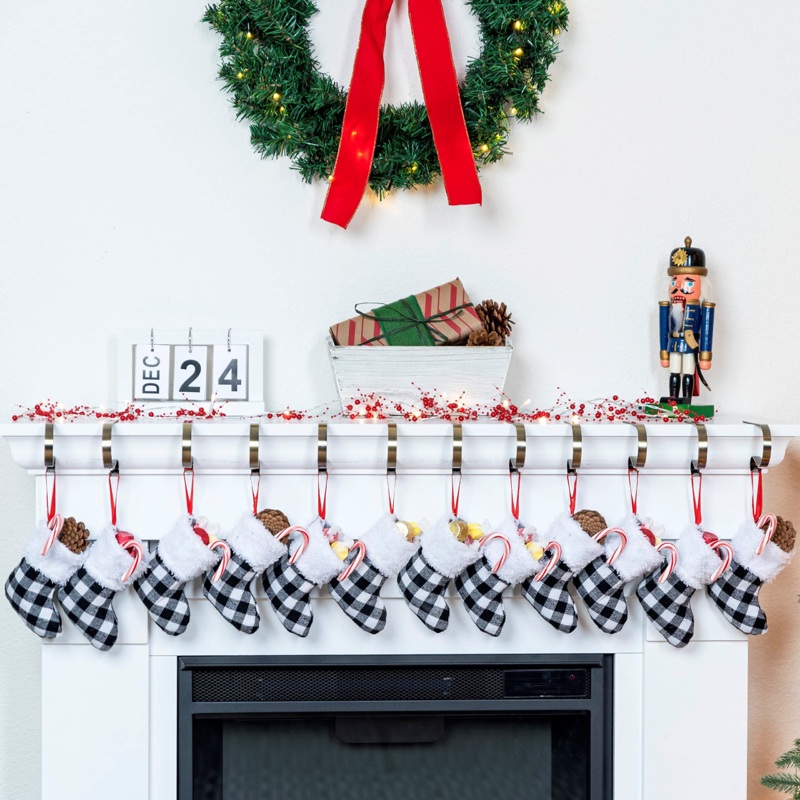 5in White Black Buffalo Plaid Christmas Stockings, 12 Pack
