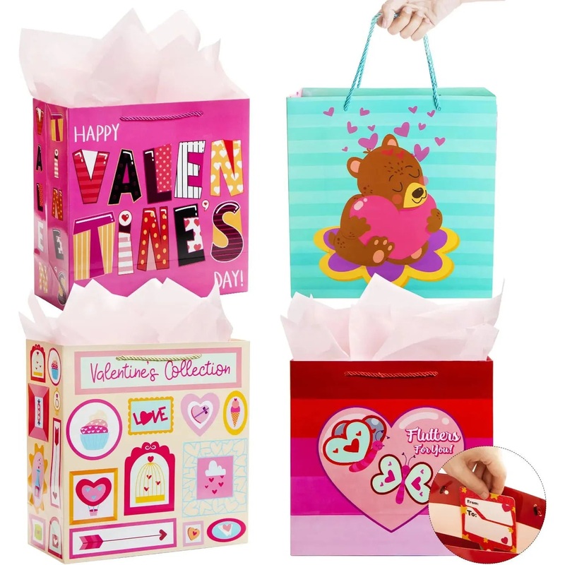 8Pcs Valentine`s Day Large Gift Bags with Tissue Papers