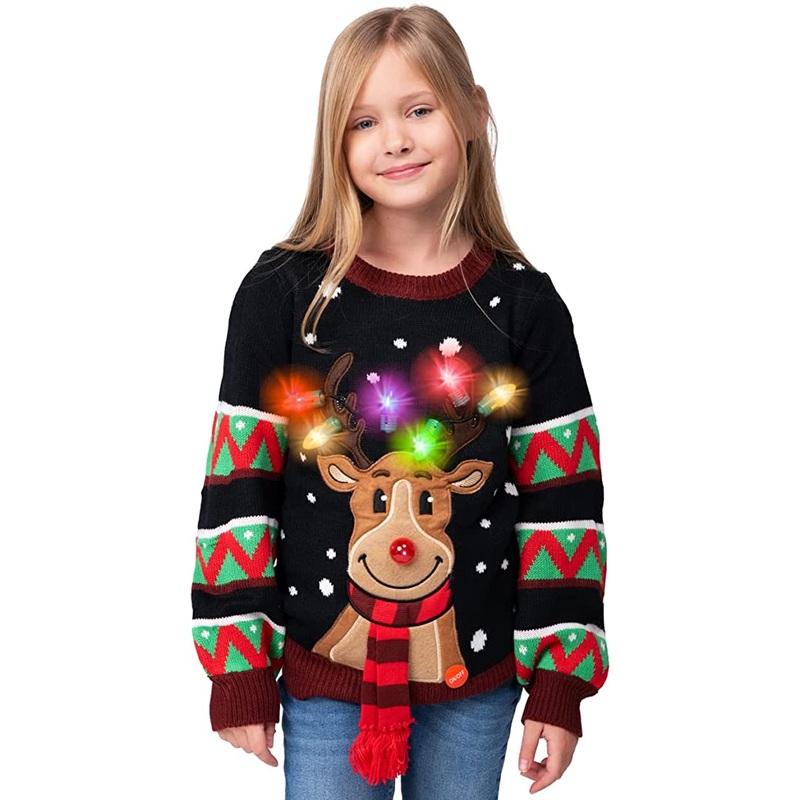 Kid Reindeer Ugly Black Sweater with Light Bulbs