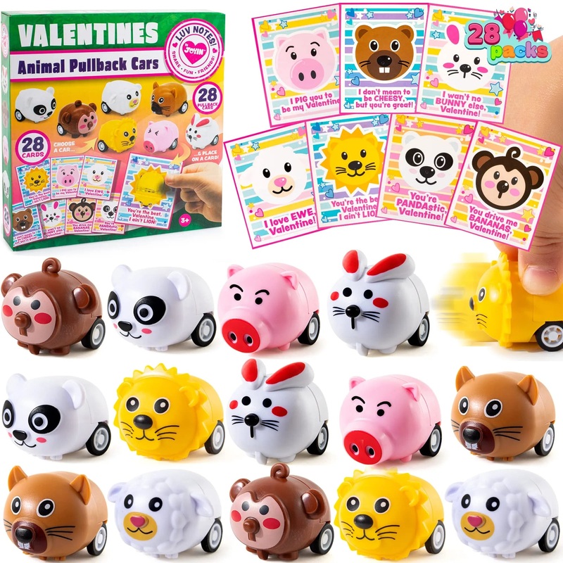 28Pcs Animal Pull-Back Car with Valentines Day Cards for Kids-Classroom Exchange Gifts