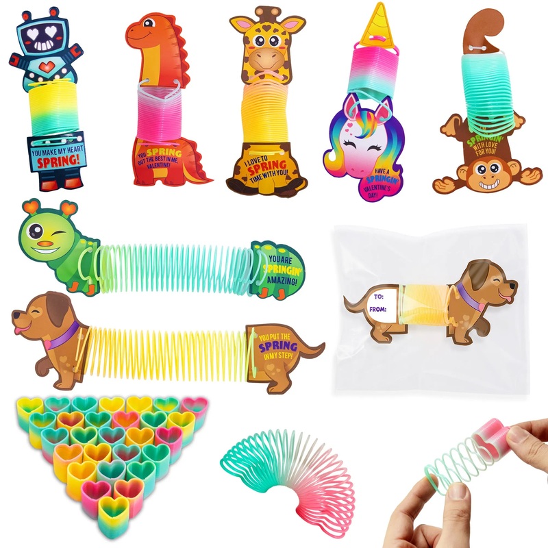28Pcs Coil Springs Rainbow Springs with Kids Valentines Cards