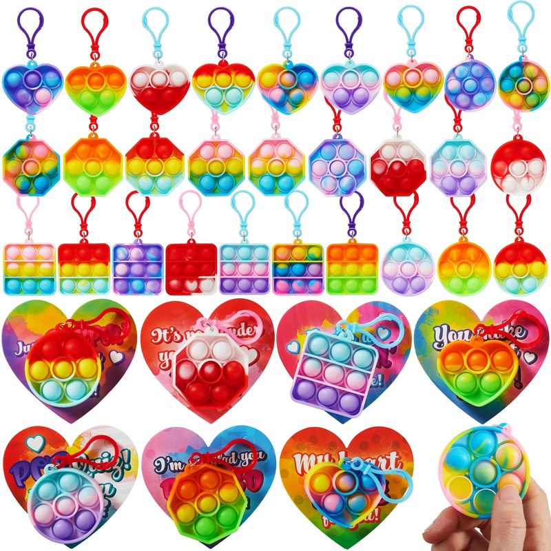 28PCS Valentines Cards with Push Bubble Toys Keychain-Classroom Exchange Gifts