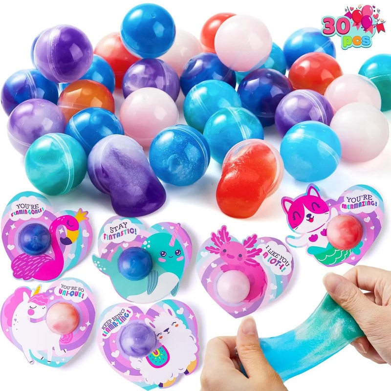 30 Packs Valentines Day Gift Cards with Rainbow Slime Pressure Release Fidget Toy for Classroom Exchange Prizes