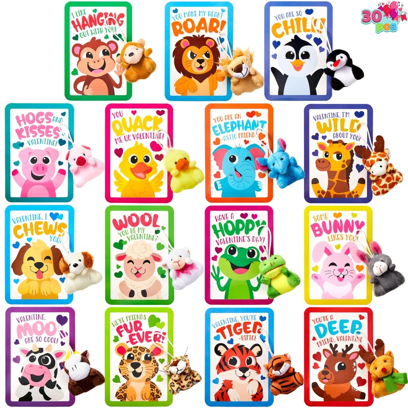 30 Packs Valentines Day Gifts Cards with Animal Plush Toy for Kids