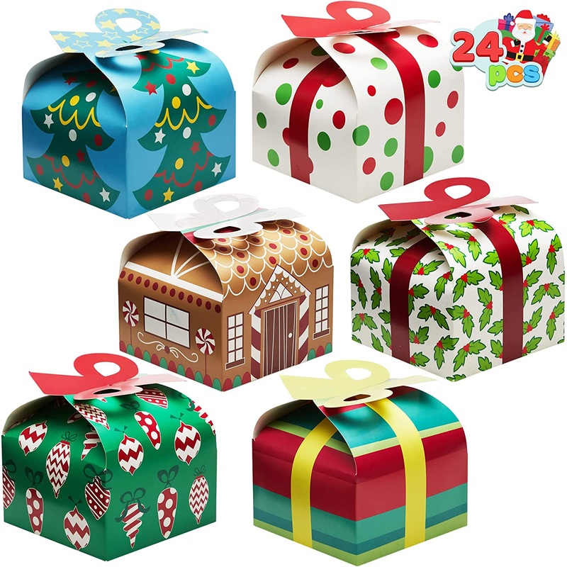 3d Christmas Goody Gift Boxes With Bow, 24 Pcs