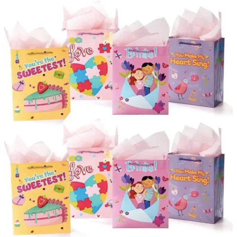 8Pcs Valentines Day Gift Bags Vintage Design with Tissue Paper