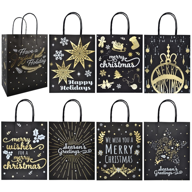 Black & White Gold Foil Christmas Paper Gift Bags, 32 Pcs