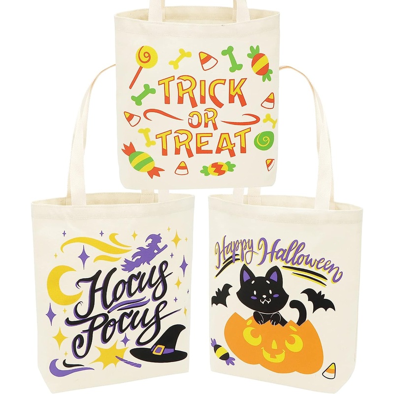 Large Halloween Canvas Tote Bags, 3 Pcs