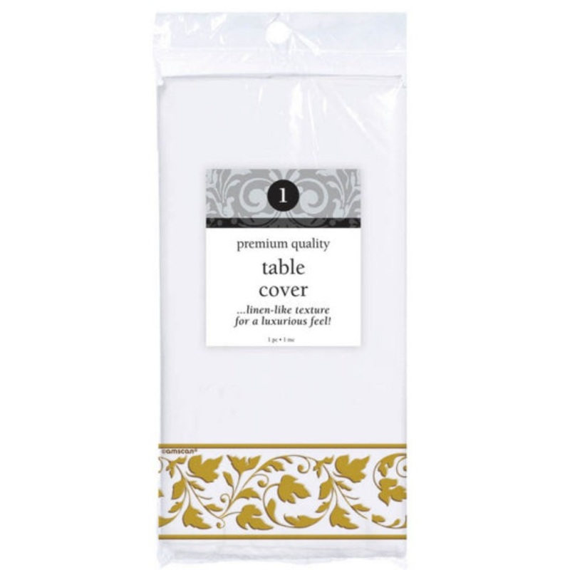 PREMIUM WHITE W/GOLD TRIM TABLECOVER Paper 1.37m x 2.59m